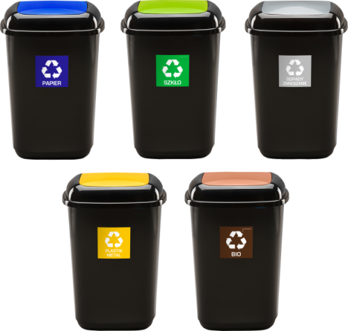quatro new ZESTAW 5.png, zestaw koszy do segregacji, kosz na papier, kosz na szkło, kosz na odpady zmieszane, kosz na plastik, kosz na odpady bio