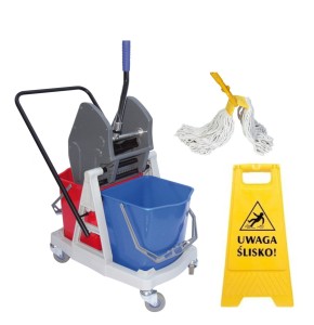 HYGIO Wózek 2x17L dwa wiadra + mop aluminiowy+ potykacz "UWAGA ŚLISKO"